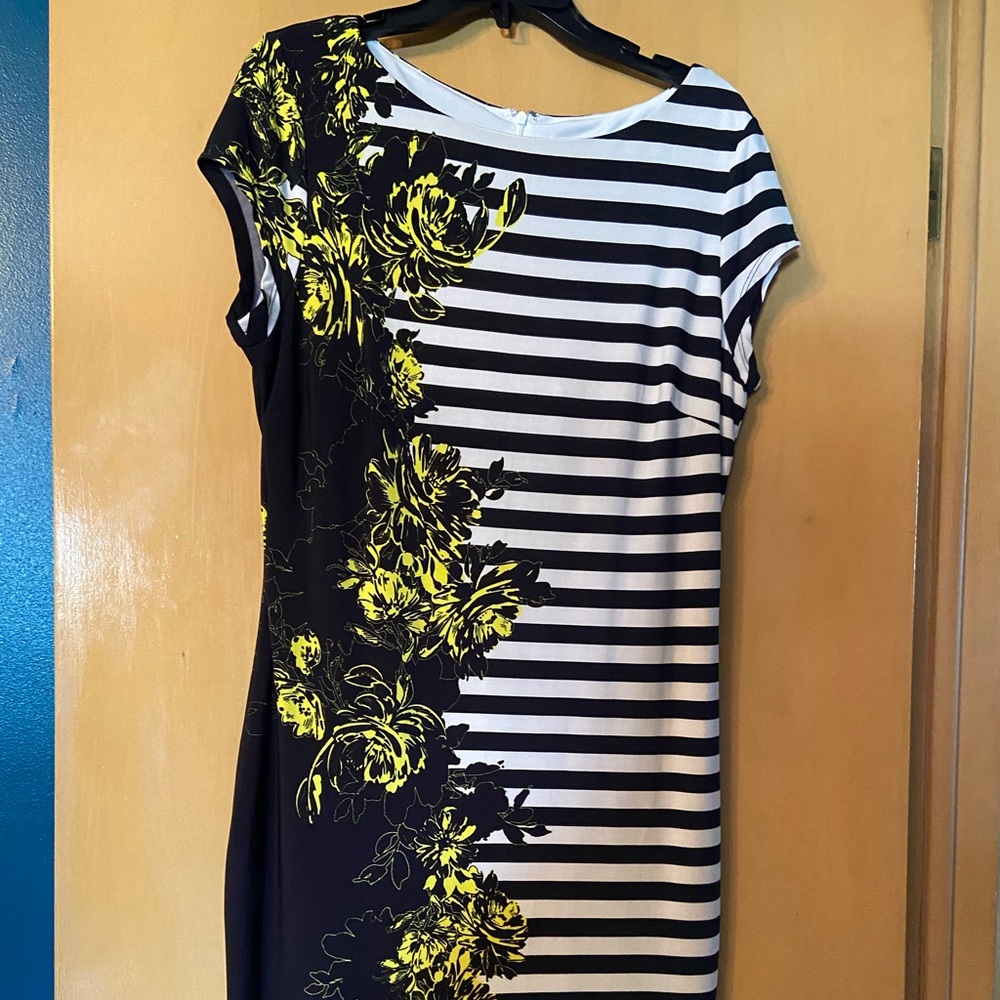 Black and white striped with floral dress. Very attractive silhouette.